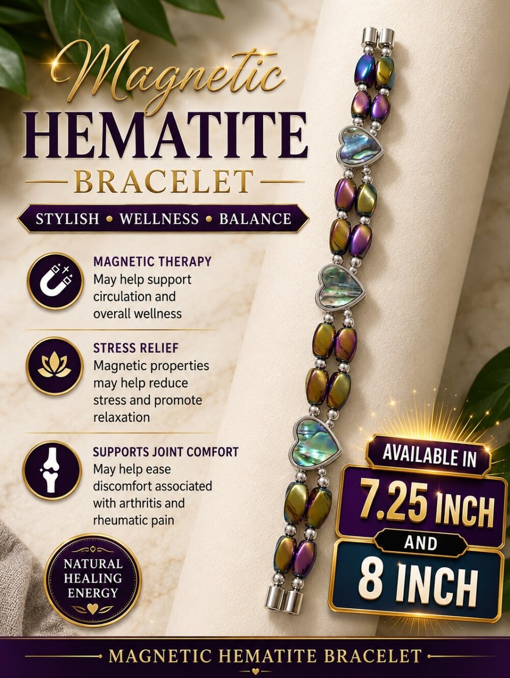 Double Hematite Healing Bracelet with Abalone Heart Accents
